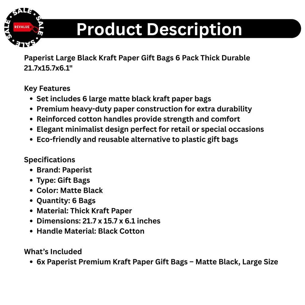 Paperist 6 Pack Large Black‎ Kraft Gift Bags 21.7x15.7x6.1